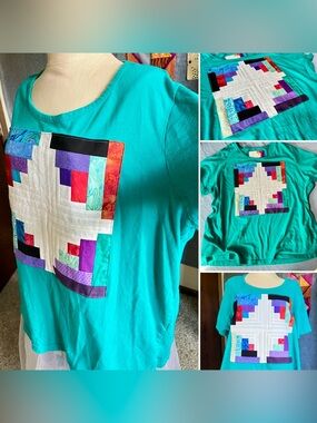Quilty Tee - Teal Log Cabin Star